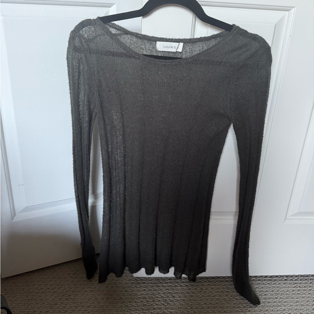Laurie B Olive Green Distressed Cuff Sheer Long Sleeve Top